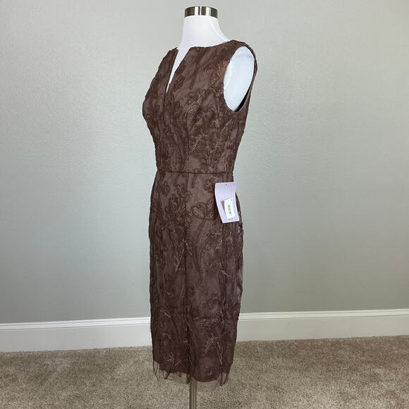 JS Collections Glitter Lace Tulle Midi Sheath Cocktail Dress Mink Brown Size 8 - Picture 4 of 13